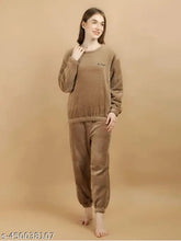 Brown wool women's long sleeve night suit set, cozy winter pajamas for women (S-XL)